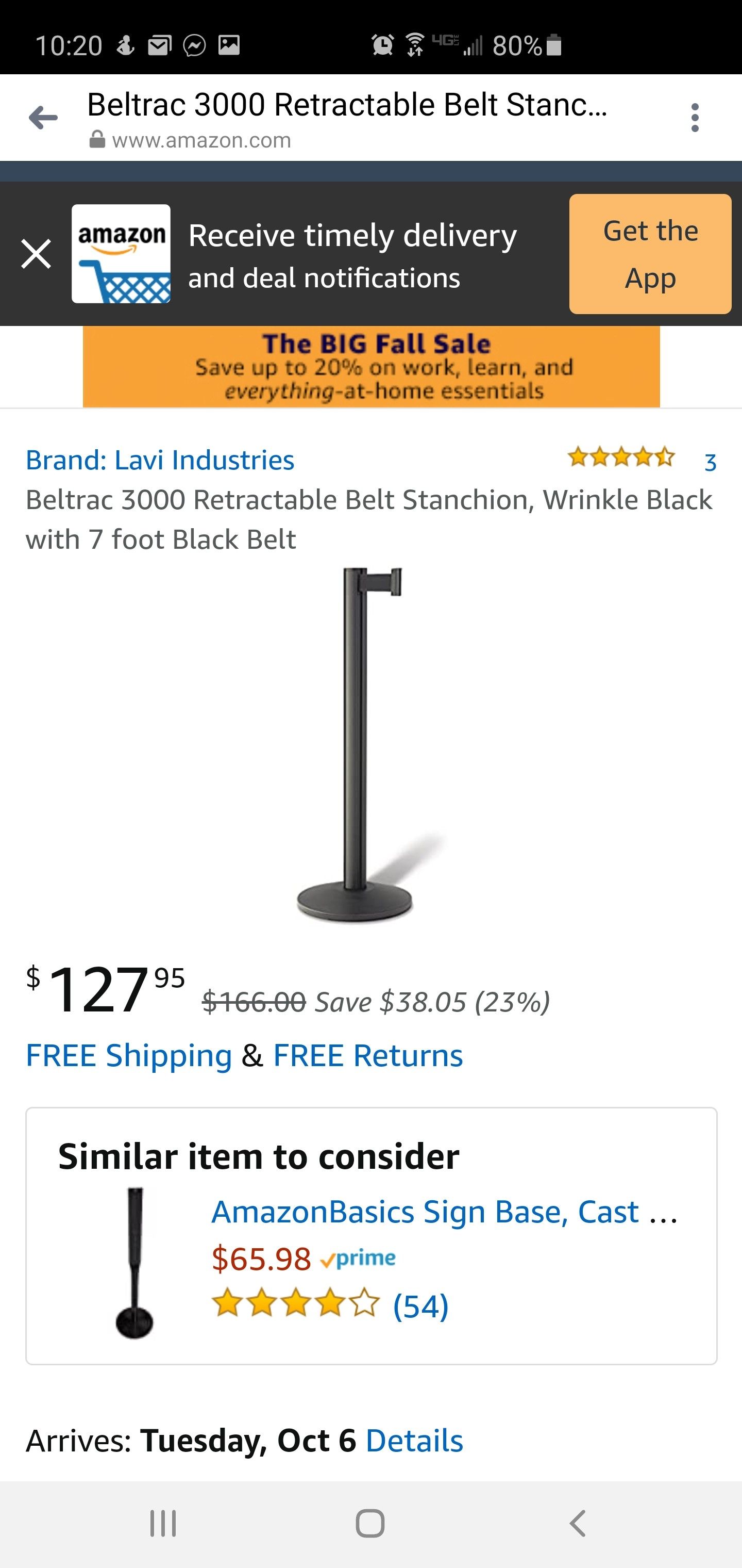 Beltrac 3000 Retractable Belt Stanchion, Wrinkle Black with 7 foot Black Belt