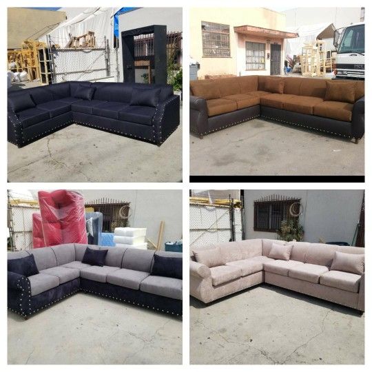 Brand NEW 7X9FT Sectional COUCHES Domino BLACK, BROWN COMBO, CHARCOAL COMBO With Studs, CREAM FABRIC / More Color Available