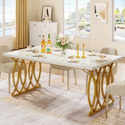 63" M-ode-rn D-i-ning T-able w-ith F-aux M-arble Ta-bletop for 4-6 People (Table Only)