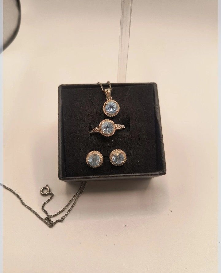 Blue Topaz Round Cut Bead Halo Bezel Set Necklace Stud Earrings And Ring 925