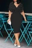 Black Fashion Solid Beading V Neck Short Sleeve Dress 