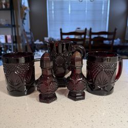 ❤️ Vintage Ruby Red Pressed Glass Drinkware & Shaker Set