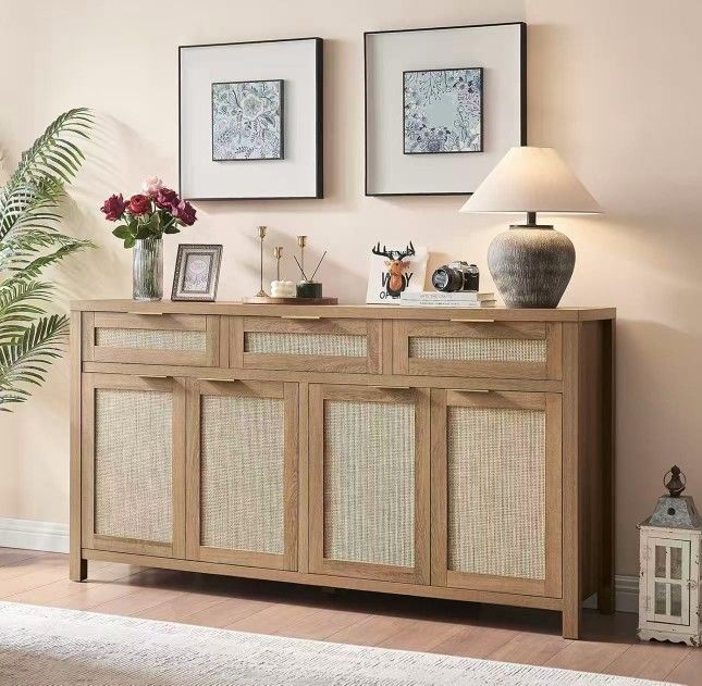 New assembled Rattan Sideboard Buffet Cabinet, Boho Storage Cabinet with Adjustable Shelves, Farmhouse Credenza Coffee Bar Cabinets with 4 Doors & 3 D