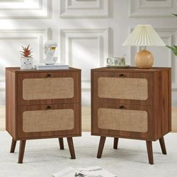 Mid Century Night Stand Set of 2, Modern Nightstand with 2 Drawers & Curved Linen Panel, Farmhouse End Table (WALNUT)