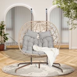 Double Egg Chair with Stand Hanging Indoor Outdoor Wicker Rattan Patio Basket Egg Swing Chair Hammock Egg Chairs with UV Resistant Cushions 600 lbs fo