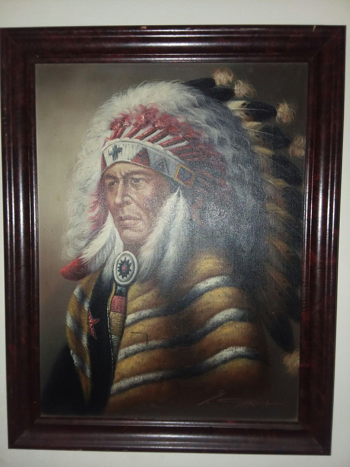 Oil indian chief signed picture framed