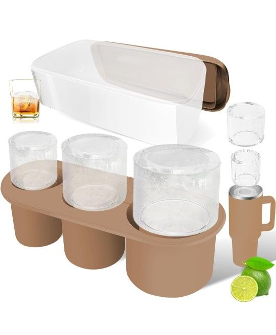 Ice Cube Tray for Stanley Cup: 30Oz-40Oz Tumbler Ice Mold Silicone - 3 Pcs Hollow Cylinder Ice Maker Freezer with Lid and Bin for Water Bottle Whiskey
