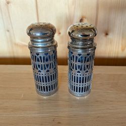 VINTAGE COBALT BLUE GLASS AND SILVER PLATED SALT AND PEPPER SHAKERS
