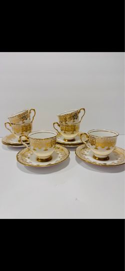 Very Rare Royal Stafford Gold Regent Filigree Coffee Cups & Saucers Set of 6 Bone China Made in England. Beautiful coffee cups and saucers is a part o
