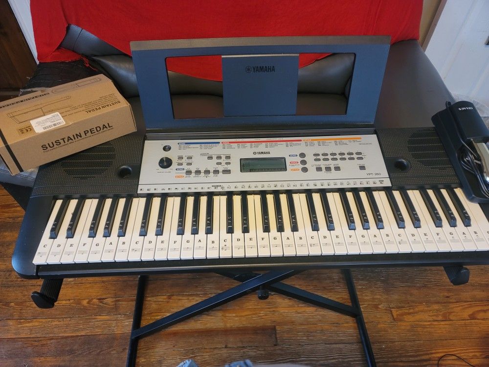 Yamaha YPT 260 Keyboard with Adjustable Stand,Foot pedal, Book Stand & cords marked on each key.