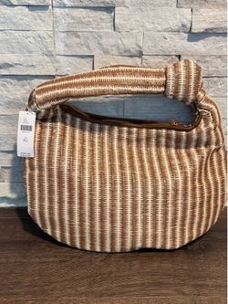NWT Anthropologie Woven Straw Slouchy Shoulder Bag Knot Handle Brown Cream $138
