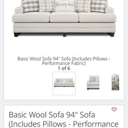 Basic Wool Sofa 94" Sofa (Includes Pillows - Performance Fabric) Brand New