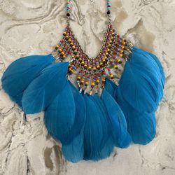 Vintage colorful bib necklace with turquoise feathers
