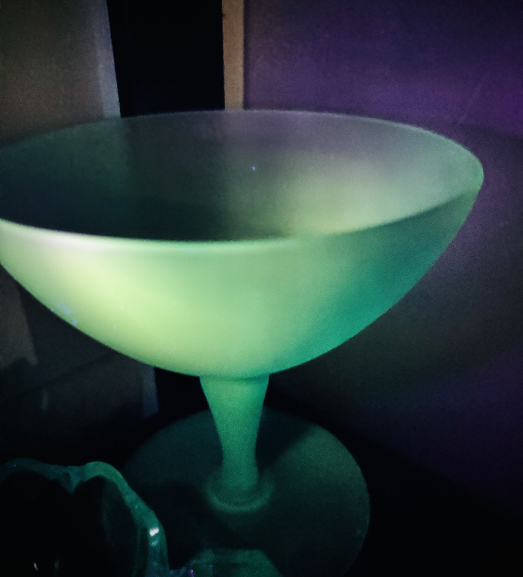 Glowing Glass! GLOWS GREEN Tiffin Large Vintage Blue Frosted Satin Tiffin Glass Footed Compote 