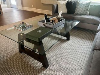 Modern Glass Top Coffee Table with Dark Wood Base – 55” x 36”