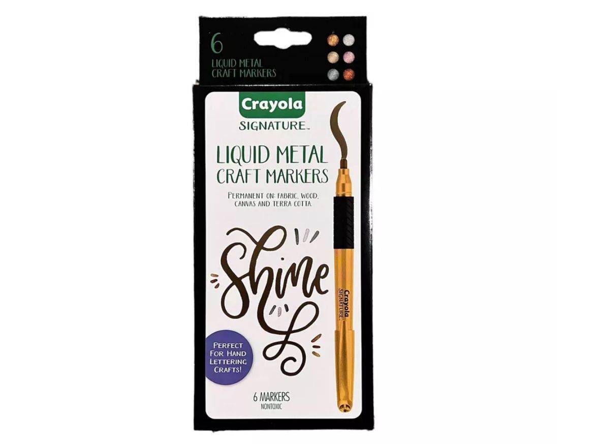6 NEW Crayola Signature Liquid Metallic Craft Markers Wood Fabric Canvas Silver   Brand new sealed in the box. Perfect condition. Boxes in perfect con
