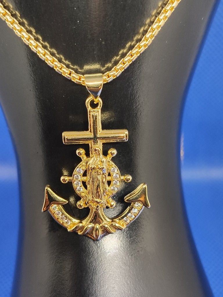 Goldtone Virgin Mary Anchor Pendant