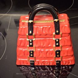 David's Cookies Ceramic Red Pleated Purse Cookie Jar Candy Dish Collectible