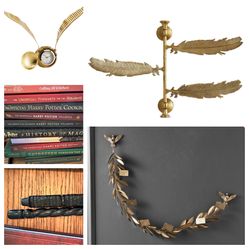 LOT of Harry Potter items: Pottery Barn Teen Harry Potter Golden Snitch Clock, Hedwig Garland, Quill Hooks; Books (10); 2 Wands
