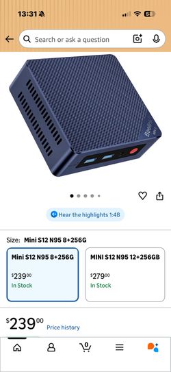 Beelink MINI S12 Mini PC with N95 Processor, 8G DDR4 256G SSD Mini Desktop PC, WiFi5, BT4.2, Dual HDMI, 2.5G LAN W-11 Home WMini Computer