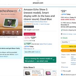 Amazon Echo Show 5 (newest model), Smart display with 2x the bass and clearer sound, Cloud Blue