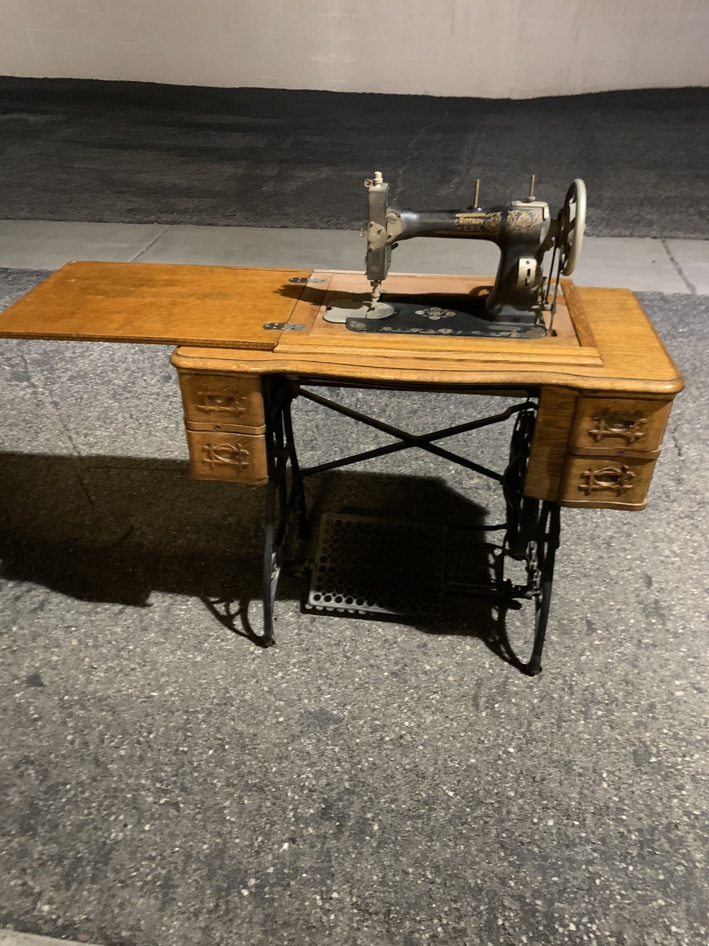 Gorgeous Antique White sewing treadle Cabinet With Rotary Machine
