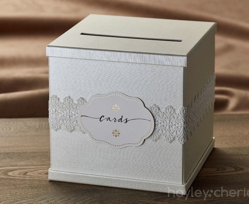 Ivory Gift Card Box with White Lace and Cards Label - Ivory Textured Finish - Large Size 10" x 10" - Perfect for Weddings, Baby Showers, Birthdays, Gr