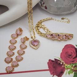 Mother's Day Gift Hearts Pink Color Chain Bracelet Earrings 