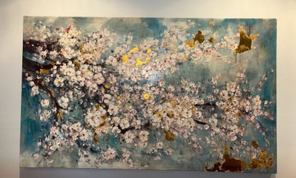 Large Cherry‑Blossom Canvas – Teal & Gold Floral Art