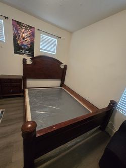 Queen Size bed frame set with box spring, full size dresser and 2 night stands