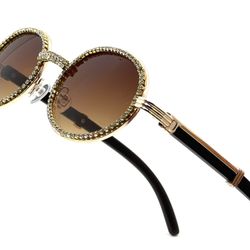 Sunglasses Brown Lens Oval Gold Frame Rhinestone Diamond Iced Shades Classic Hip Hop Shades