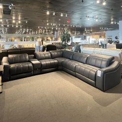 Dark Grey Leather Power Reclining Sectional