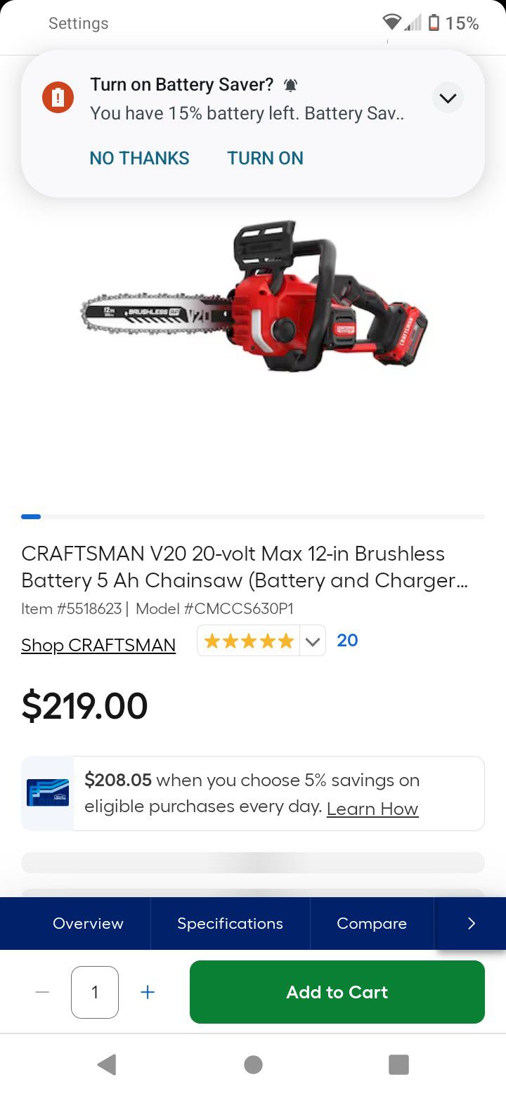 Craftsman 12in Brushless Chainsaw 20v 