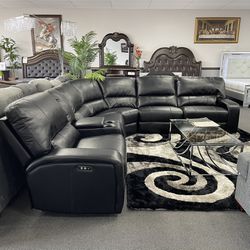 Black Leather Sofa Sectional w/ Power Recliners