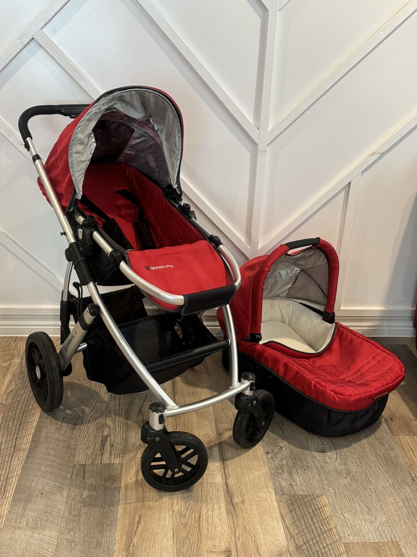 UPPABABY RED STROLLER AND BASSINET