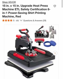 Shop VEVOR 15 in. x 15 in. Upgrade Heat Press Machine ETL Safety Certification 8-in-1 Power-Saving Shirt Printing Machine, Red