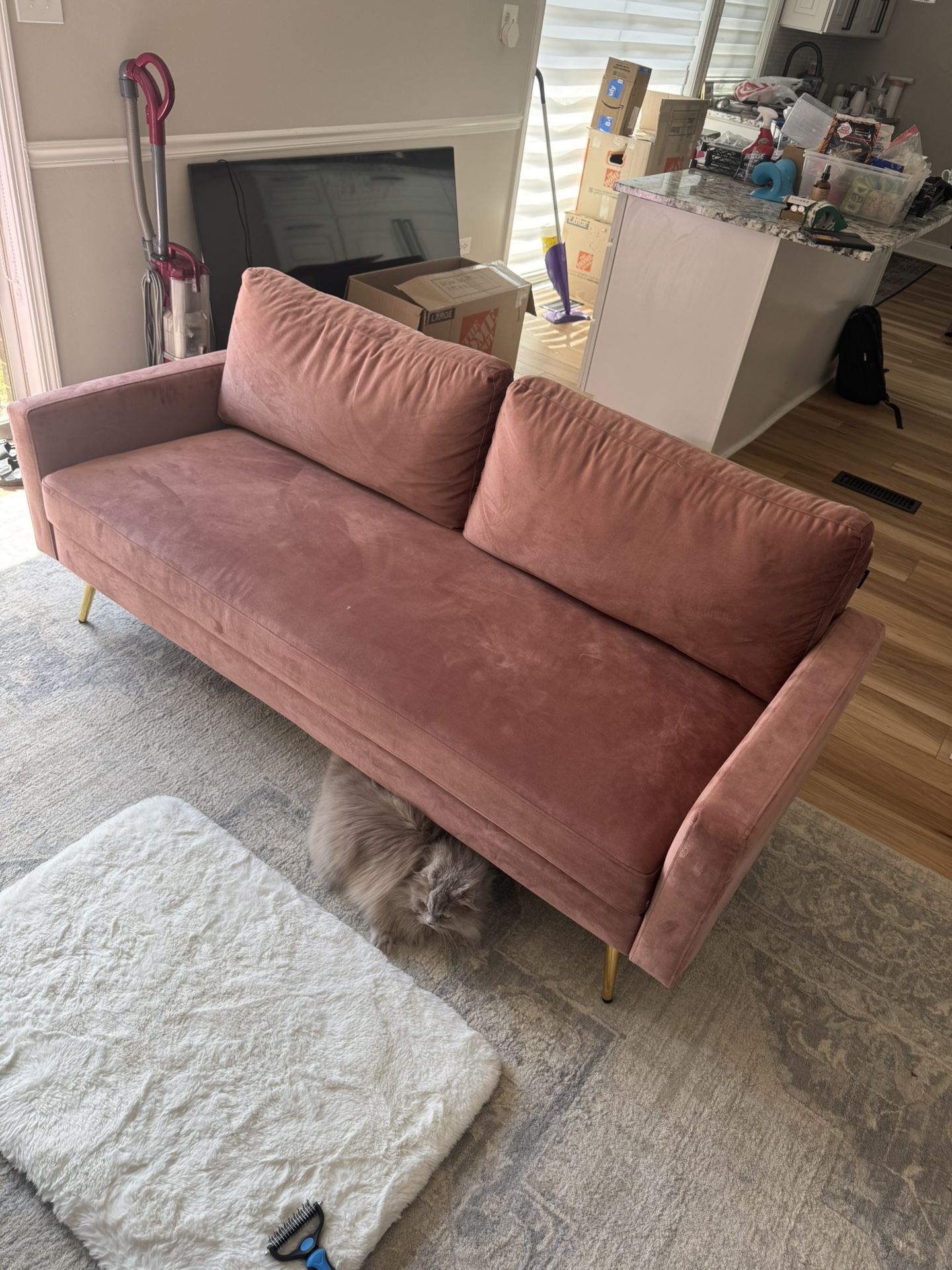 Pink Velvet Couch- Like New - Gold Legs