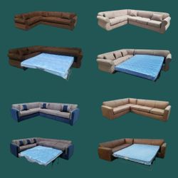 BRAND NEW 7X9FT AND 9X5.5FT SECTIONAL SOFA CHAISE WITH QUEEN size sleeper,  Dakota Camel LEATHER, CHOCOLATE, cream, Charcoal Microfiber.  Combo