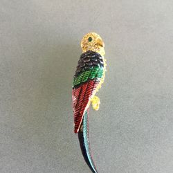 Gold Tone With Enamel & Rhinestones Parrot Brooch Pin