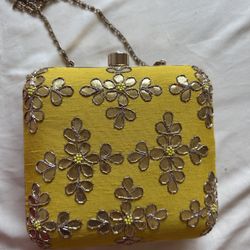 Yellow Floral Clutch/ Crossbody Purse Handbag golden leaf work  (Gotta patti work) on yellow raw silk. 
