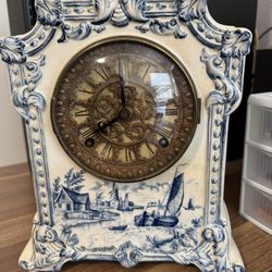 Antique Ansonia Pawnee Porcelain Mantle Clock Blue & White Delft Scenic