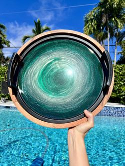 Resin Swirl Greens Round Wooden Tray Handmade