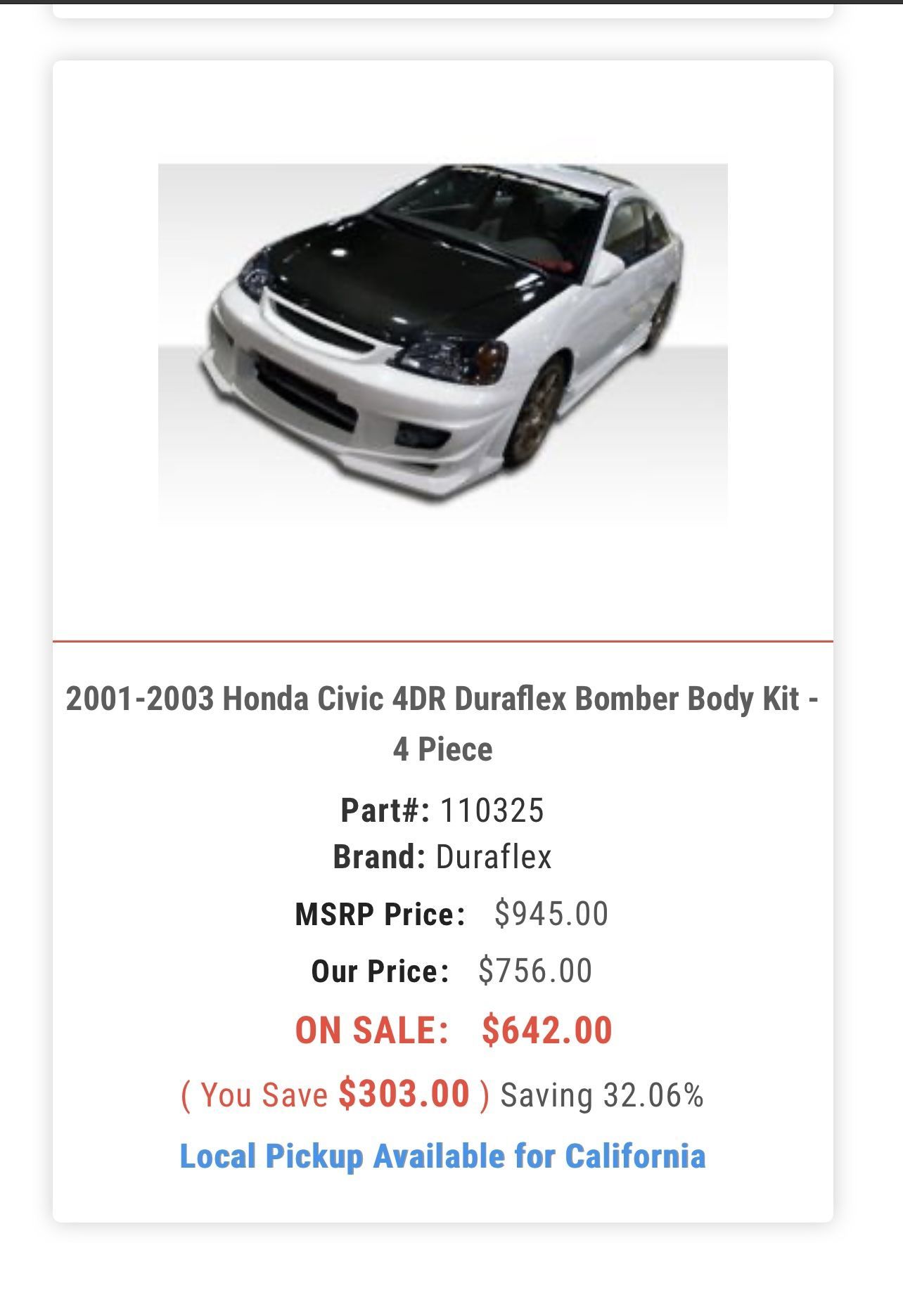 Duraflex Ground Effects Kit 01-05 Civic 4dr