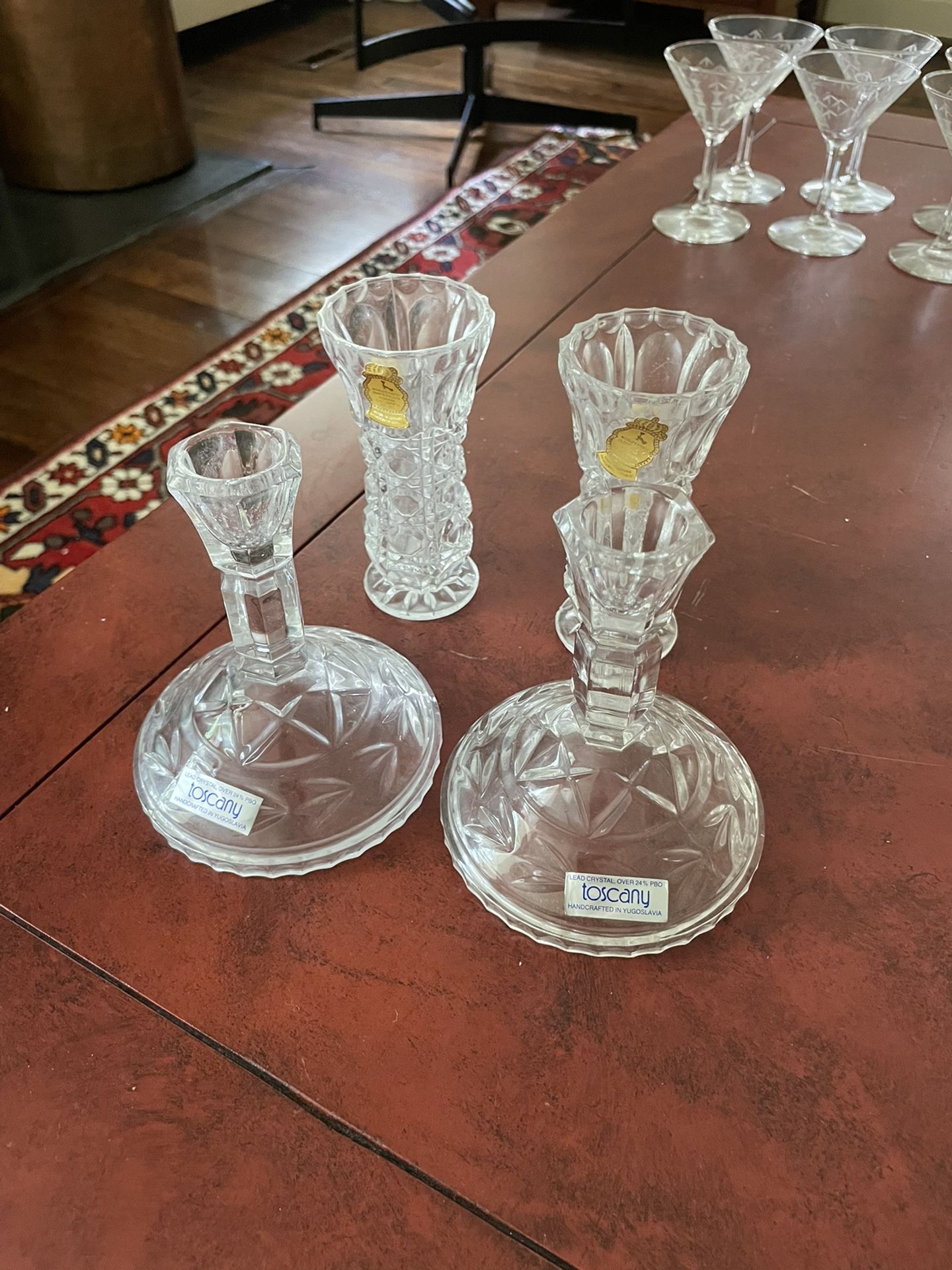 (2) Crystal Candle Sticks And (2) Flower Vases