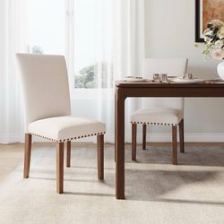 Farmhouse Dining Chairs Set of 2, High Back with Wooden Legs and Nailhead Trim, Modern Fabric Dining Room Chair for Kitchen/Restaurant