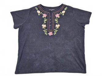 Woman Within Plus Size Black Ribbed Embroidered Henley Top 18/20