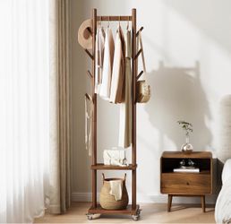 Yoobure Solid Wood Coat Rack Freestanding - Rolling Clothes Rack with 8 Hooks & Shelves, Small Clothing Rack with Wheels, Heavy Duty Clothing Racks fo
