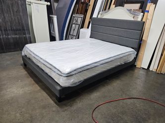 Queen Gray Upholstered Platform Bed with Mattress