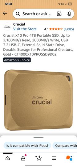 Crucial X10 Pro 4TB Portable SSD, Up to 2,100MB/s Read, 2000MB