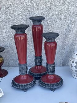 Burgundy Pillar Candle Holders / Ceramic 